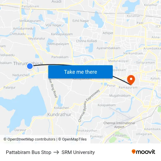 Pattabiram Bus Stop to SRM University map