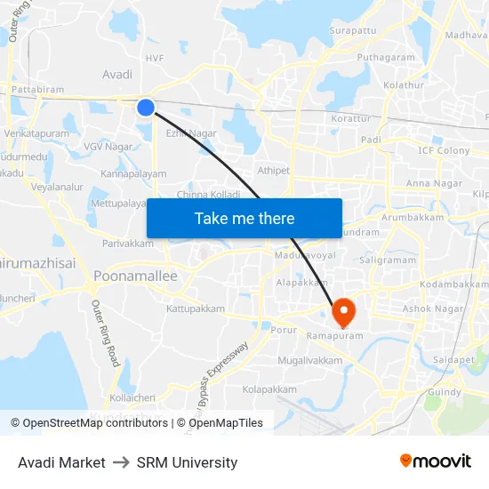 Avadi Market to SRM University map
