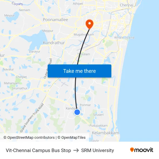 Vit-Chennai Campus Bus Stop to SRM University map