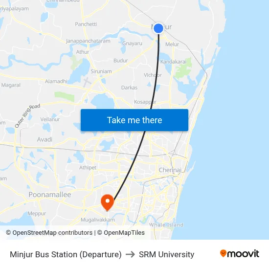 Minjur Bus Station (Departure) to SRM University map
