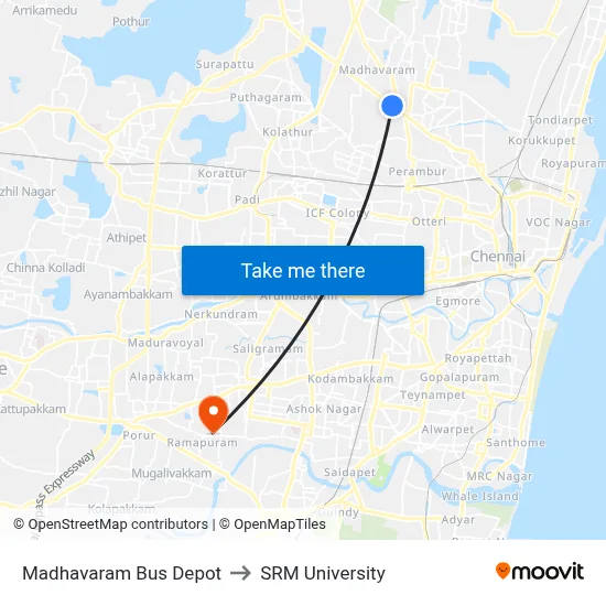 Madhavaram Bus Depot to SRM University map