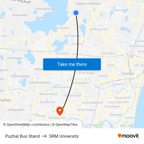 Puzhal Bus Stand to SRM University map