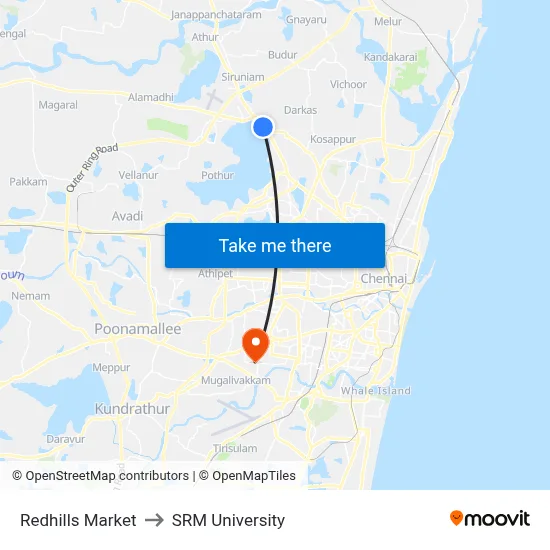 Redhills Market to SRM University map