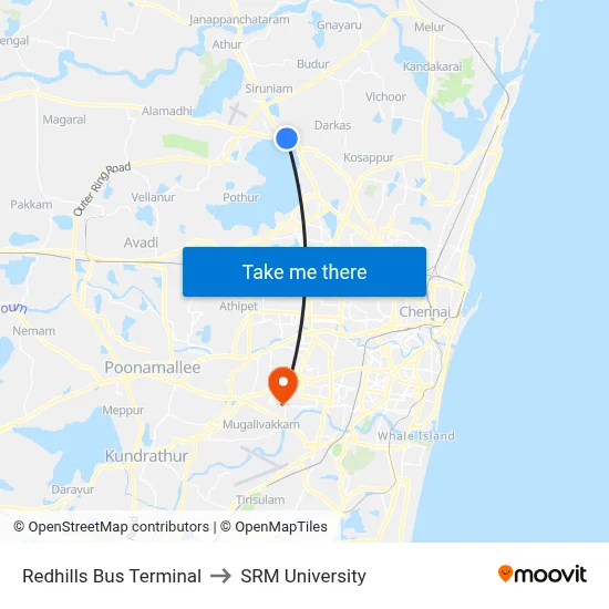 Redhills Bus Terminal to SRM University map