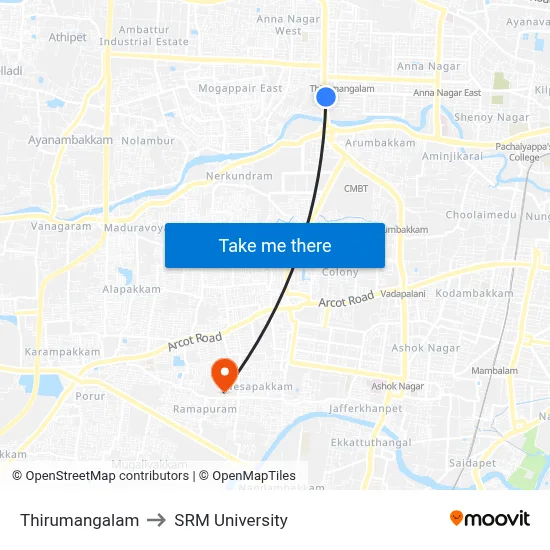 Thirumangalam to SRM University map