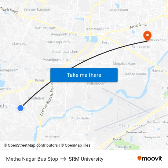Metha Nagar Bus Stop to SRM University map