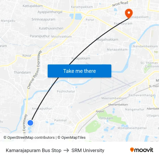 Kamarajapuram Bus Stop to SRM University map