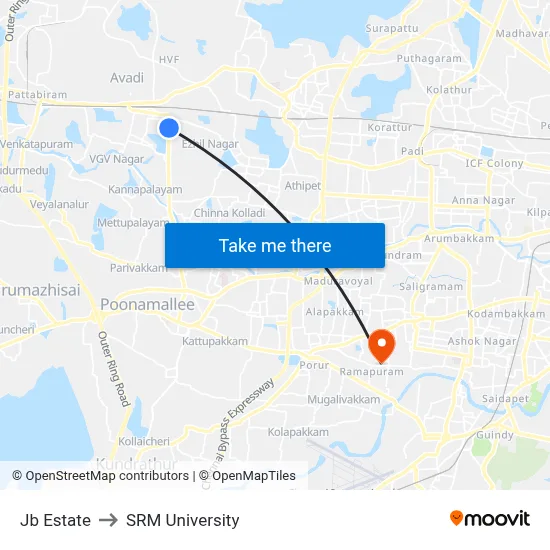 Jb Estate to SRM University map