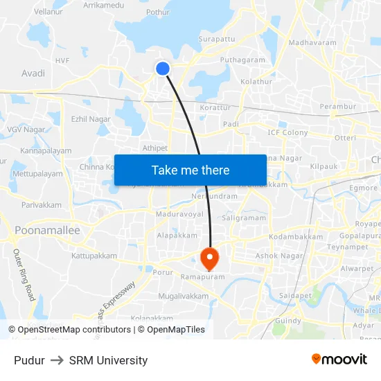 Pudur to SRM University map