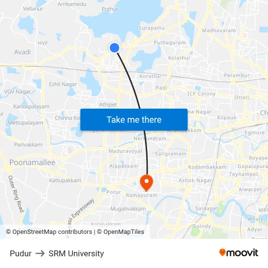 Pudur to SRM University map