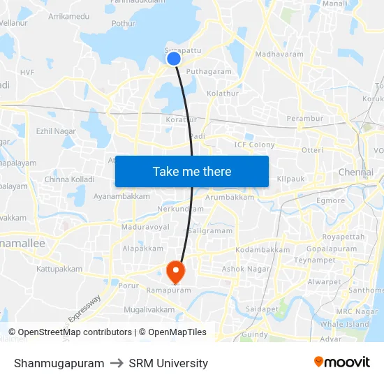 Shanmugapuram to SRM University map
