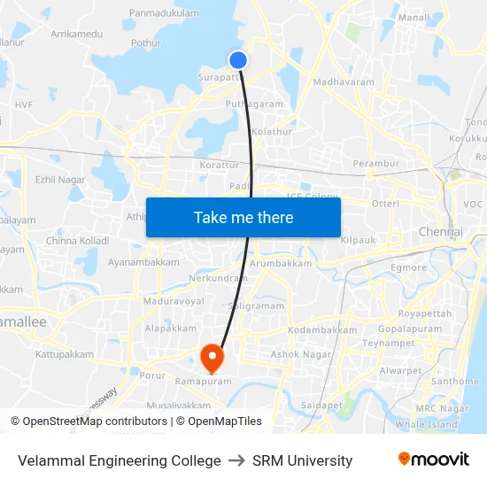 Velammal Engineering College to SRM University map