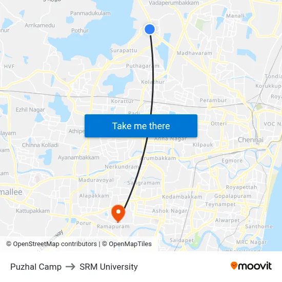Puzhal Camp to SRM University map