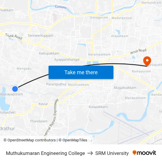 Muthukumaran Engineering College to SRM University map