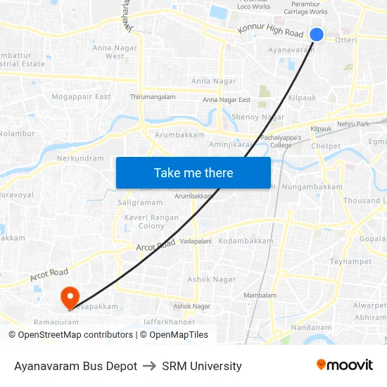 Ayanavaram Bus Depot to SRM University map
