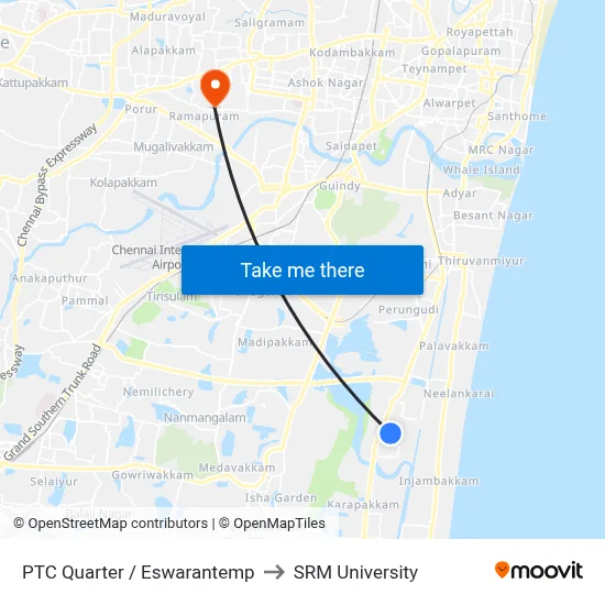 PTC Quarter / Eswarantemp to SRM University map