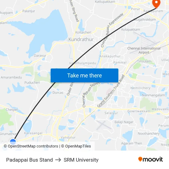 Padappai Bus Stand to SRM University map