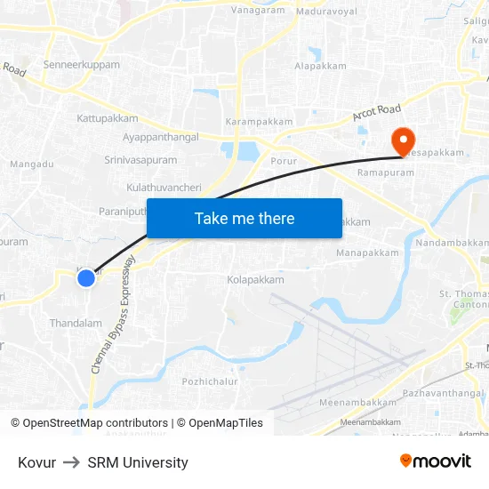 Kovur to SRM University map