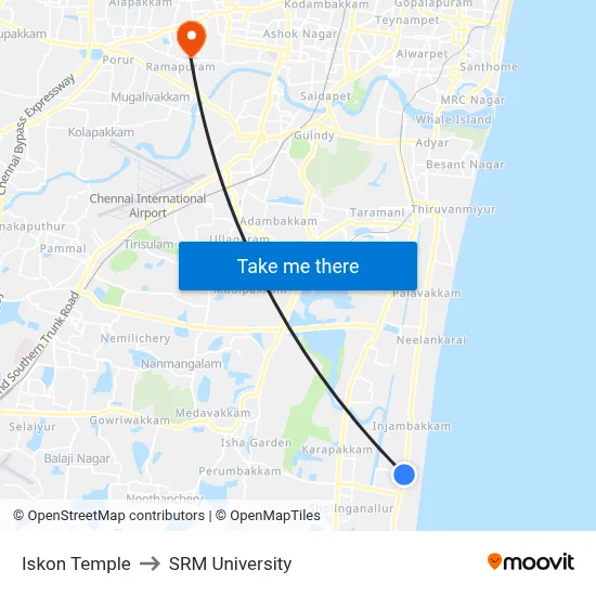 Iskon Temple to SRM University map