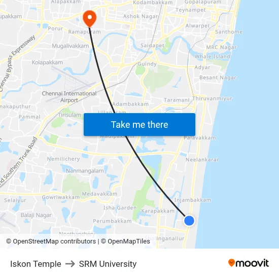 Iskon Temple to SRM University map