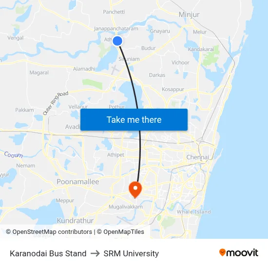 Karanodai Bus Stand to SRM University map