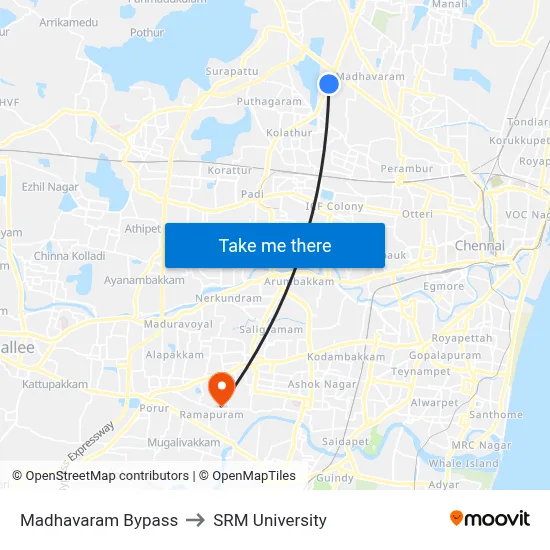 Madhavaram Bypass to SRM University map