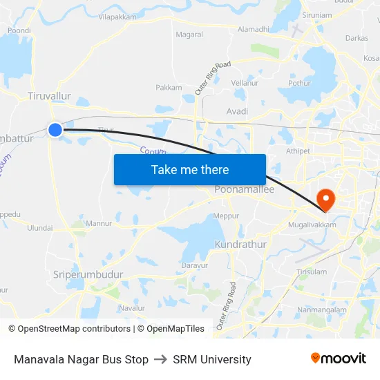 Manavala Nagar Bus Stop to SRM University map