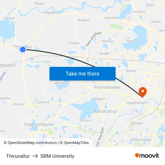 Thiruvallur to SRM University map