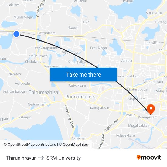 Thiruninravur to SRM University map