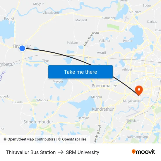 Thiruvallur Bus Station to SRM University map