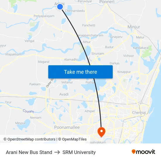 Arani New Bus Stand to SRM University map