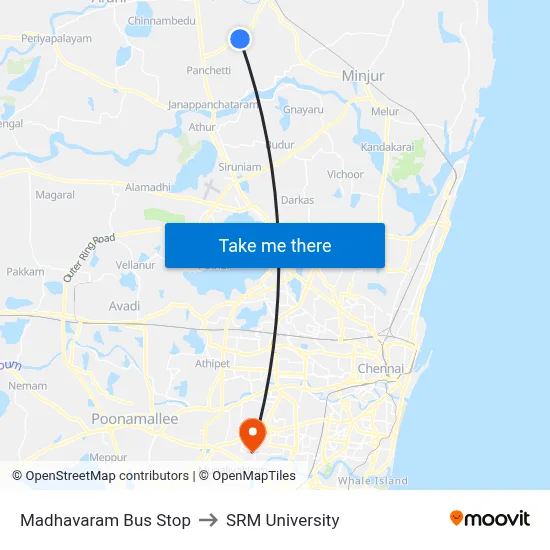 Madhavaram Bus Stop to SRM University map