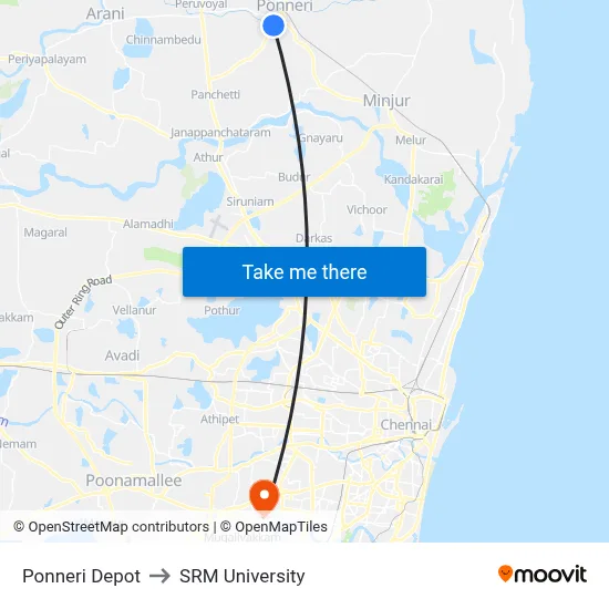Ponneri Depot to SRM University map