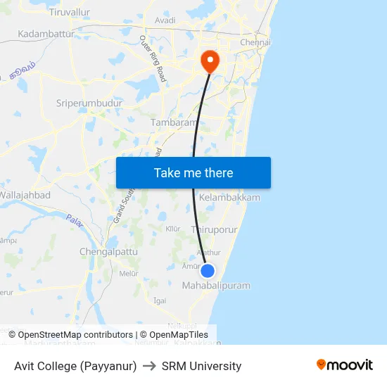 Avit College (Payyanur) to SRM University map