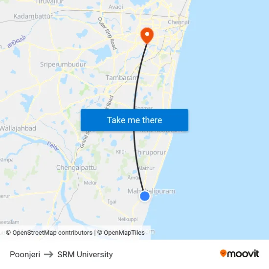 Poonjeri to SRM University map