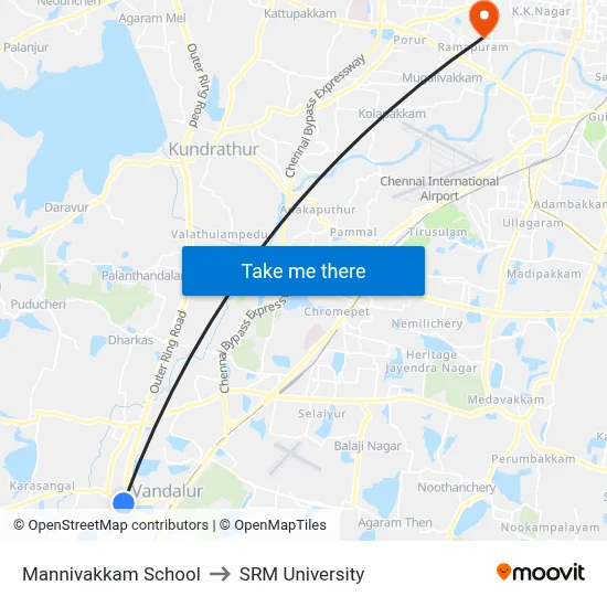 Mannivakkam School to SRM University map
