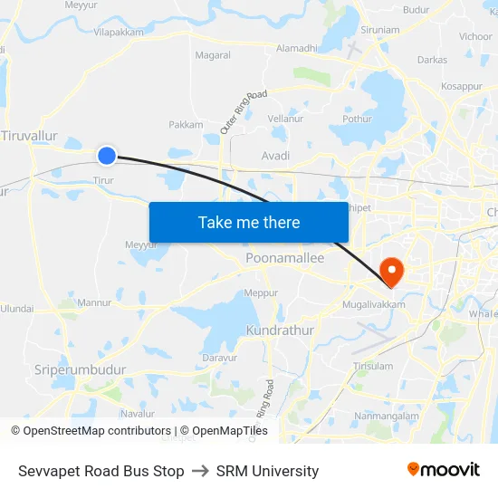 Sevvapet Road Bus Stop to SRM University map
