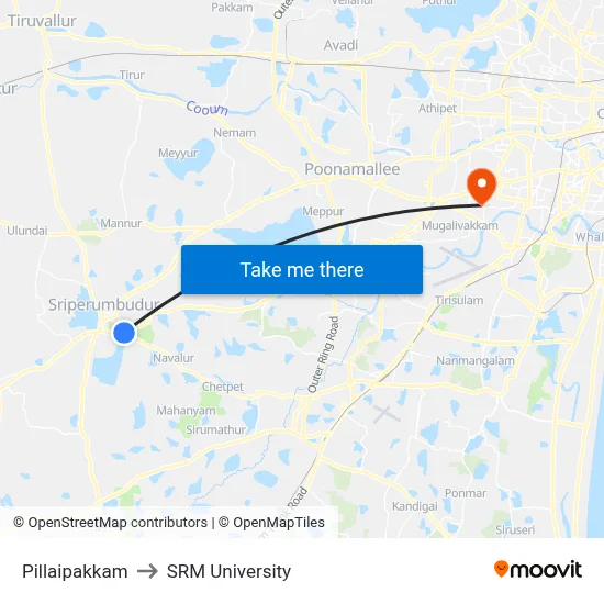 Pillaipakkam to SRM University map