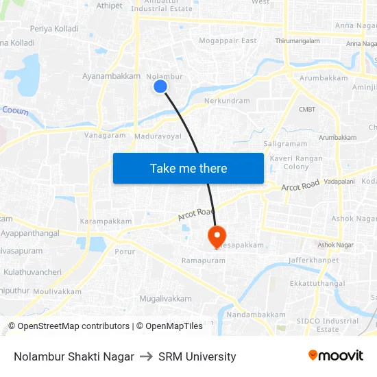 Nolambur Shakti Nagar to SRM University map