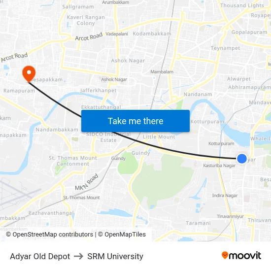 Adyar Old Depot to SRM University map