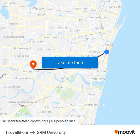 Tiruvallikeni to SRM University map