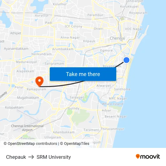 Chepauk to SRM University map