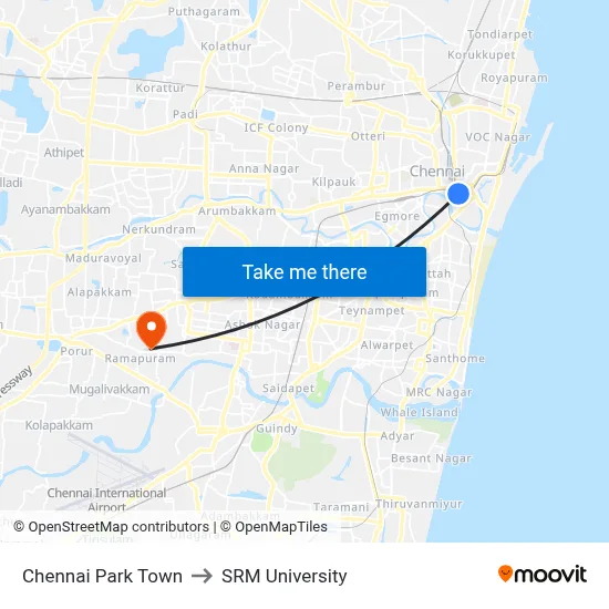 Chennai Park Town to SRM University map