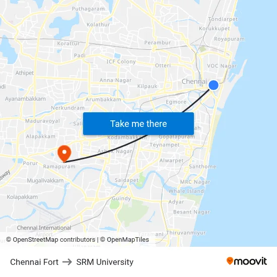 Chennai Fort to SRM University map