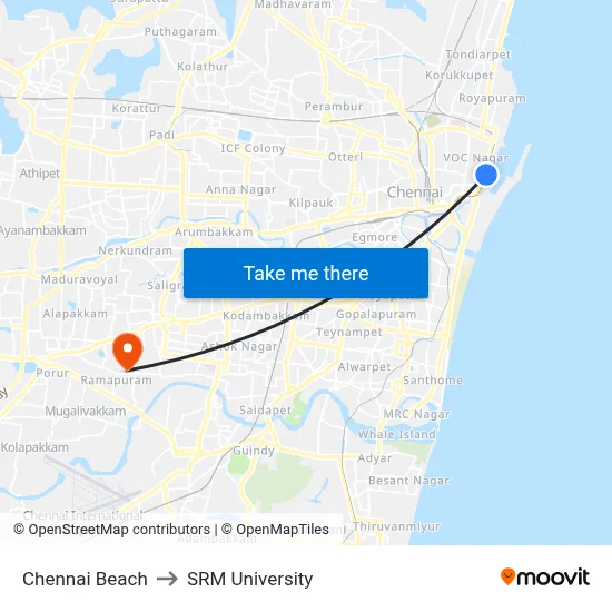 Chennai Beach to SRM University map