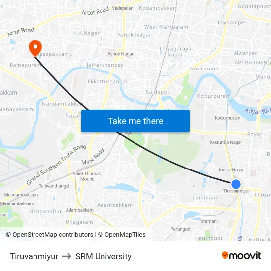 Tiruvanmiyur to SRM University map