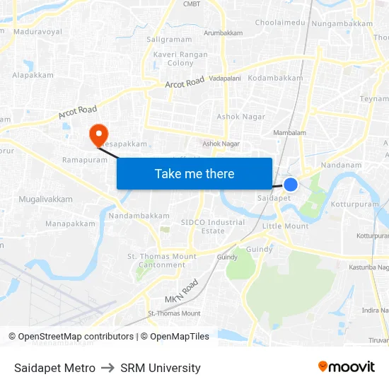 Saidapet Metro to SRM University map