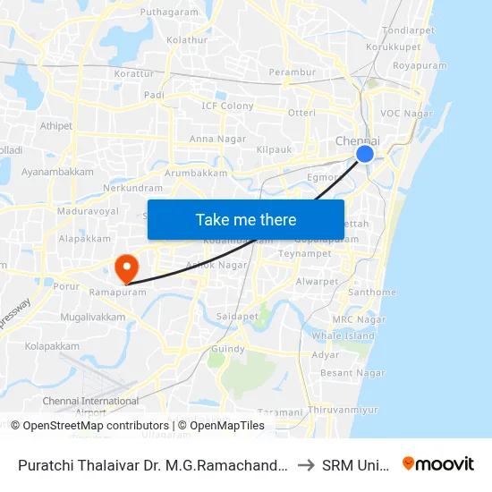 Puratchi Thalaivar Dr. M.G.Ramachandran Central Metro to SRM University map