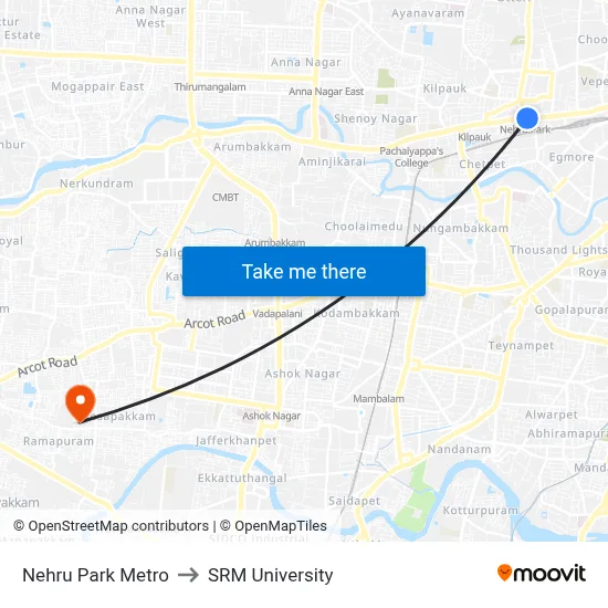 Nehru Park Metro to SRM University map