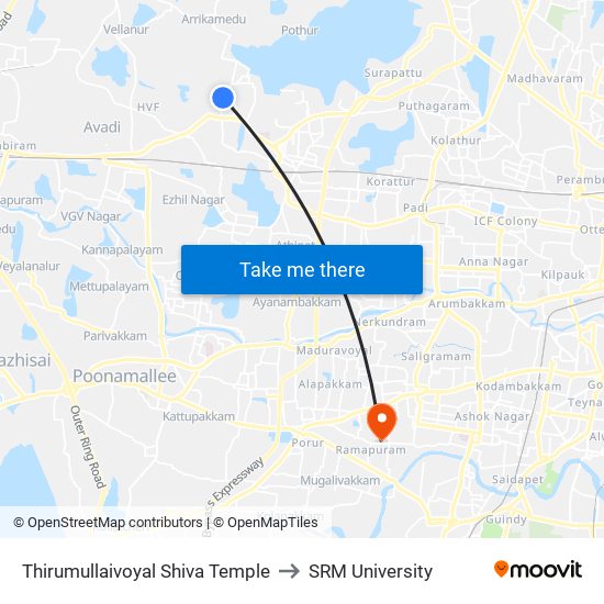 Thirumullaivoyal Shiva Temple to SRM University map